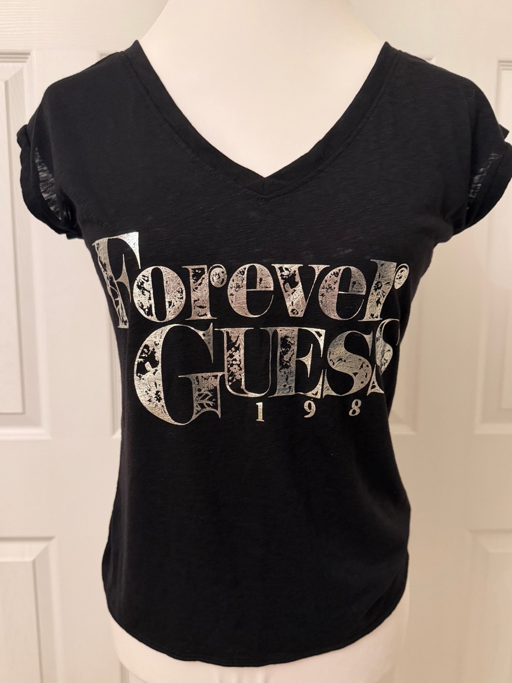 NWT Guess Y2K Open Back Black & Silver Graphic V Neck T Shirt Top